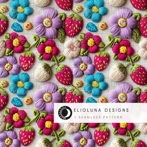 Floral Strawberry Pattern Digital Paper Strawberry Pattern Seamless Digital Strawberry Printable Seamless Fabric Print Strawberry Wallpaper