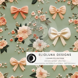 Floral Coquette Bows Seamless Pattern Floral Bow Pattern 3D Faux Pattern  Sublimation Printable Seamless Digital Fabric Print File Wallpaper