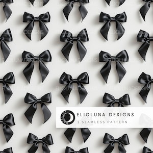 以下が含まれることがあります： 白い背景に、黒いサテンのリボンが繰り返しパターンで配置されたシームレスパターン。パターン名は「Elioluna Designs 1 Seamless Pattern」。