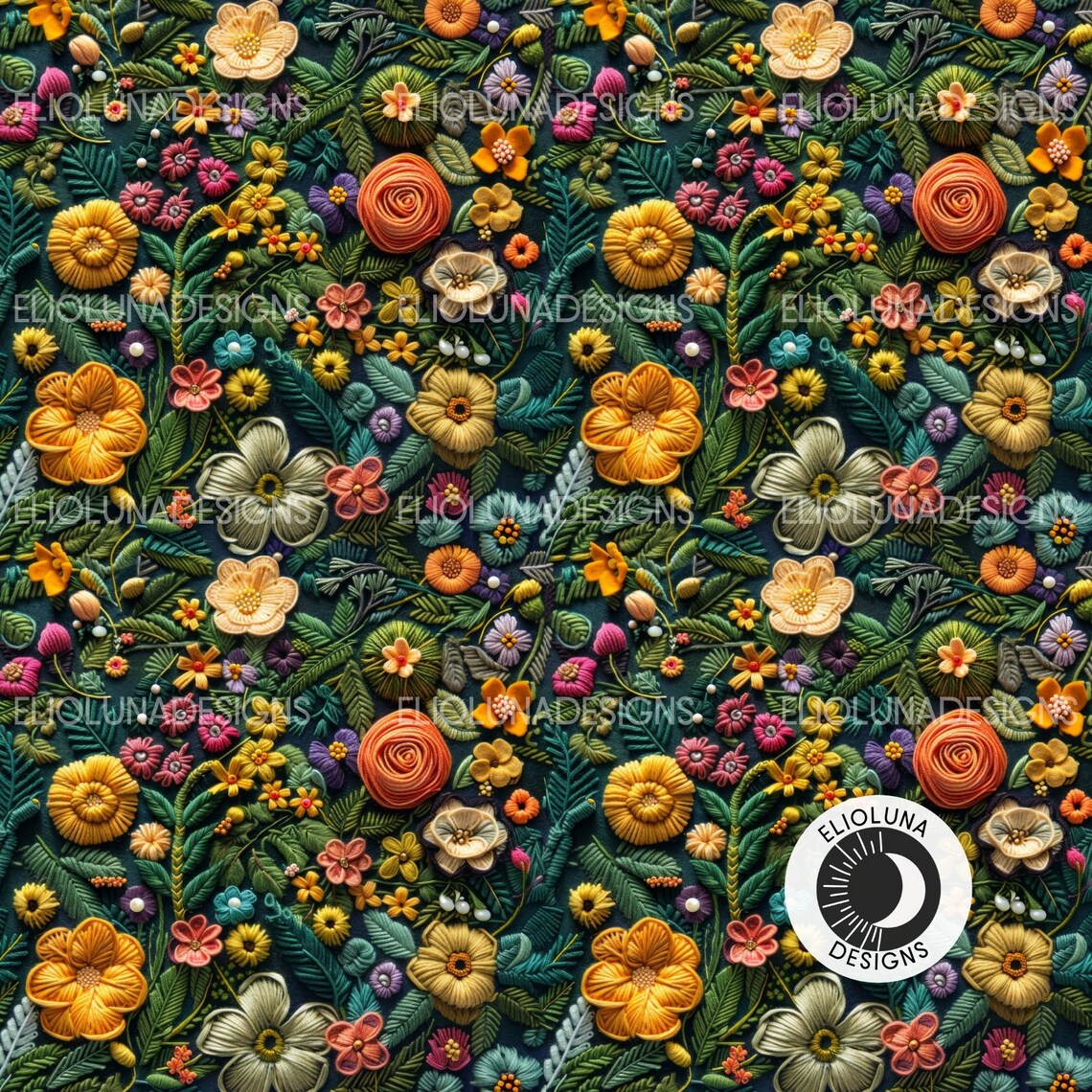 Whimsical Floral Pattern Digital Paper Faux Embroidery Fall Floral ...