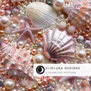 以下が含まれることがあります： ピンク、白、金の色合いの貝殻、真珠、ヒトデを組み合わせたシームレスなパターン。ビーチやマリンテイストのデザインに最適です。