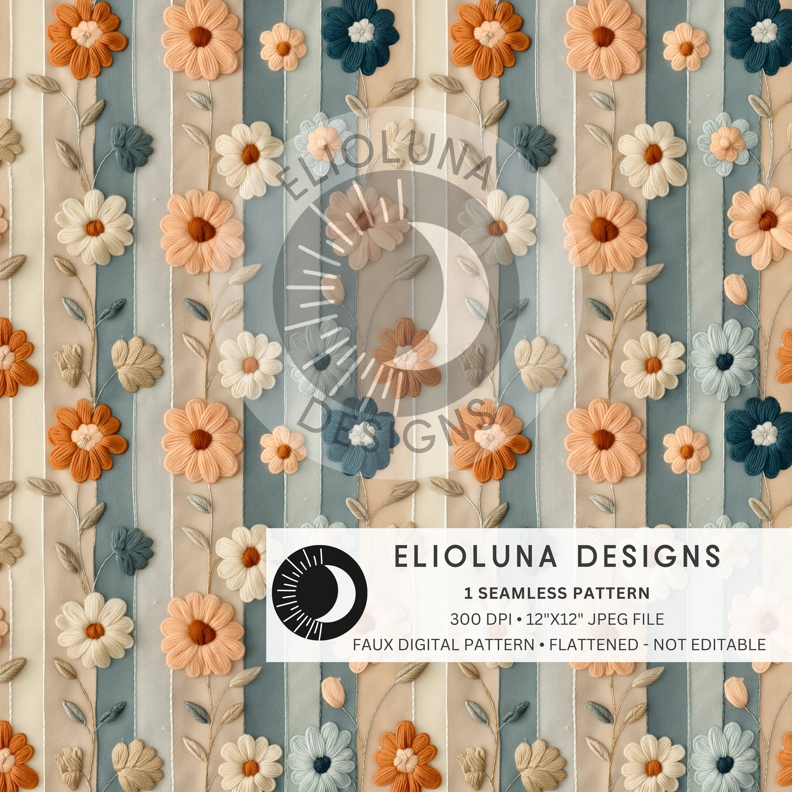 Boho Fall Florals Faux Embroidery Seamless Pattern 3D Floral Digital ...