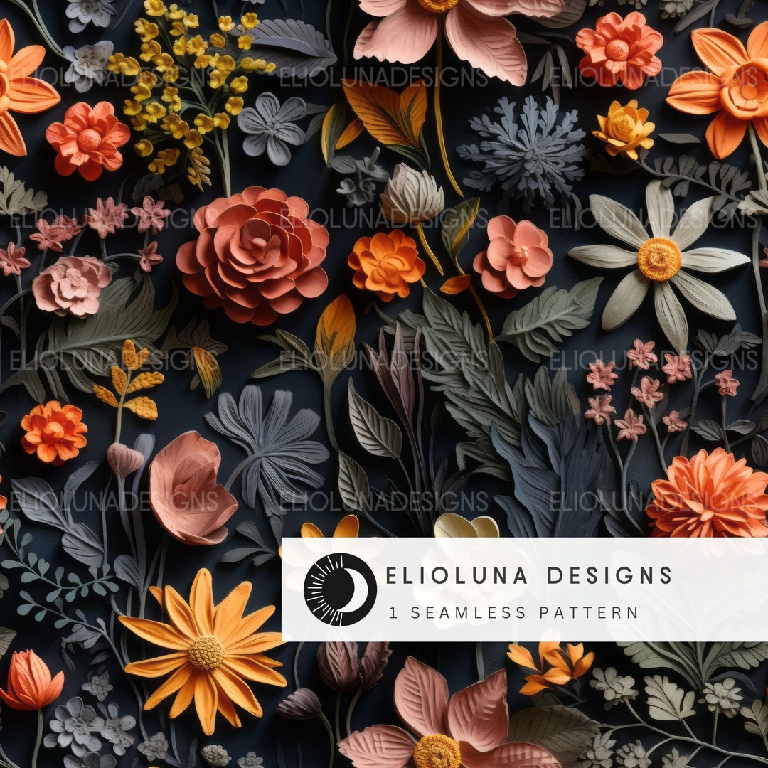 Floral Pattern Digital Paper 3D Dark Floral Pattern Seamless Digital 3D ...