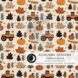 Fall Tractor Seamless Pattern Faux Embroidery Fall Pumpkins Digital Paper Pattern Digital Scrapbook Paper Fall Fabric Sublimation Pattern