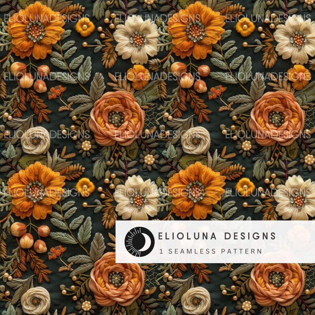 Fall Floral Pattern Digital Paper 3D Faux Embroidery Floral Autumn ...