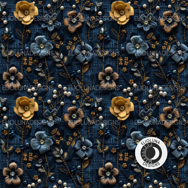 Denim Floral Pattern Digital Paper 3D Faux Embroidery Fall Floral ...