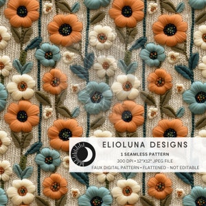 Boho Fall Florals Faux Embroidery Seamless Pattern 3D Floral Digital Paper Fall Pattern Digital Scrapbook Paper Fall Digital Paper Wallpaper