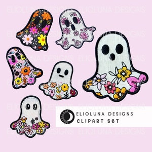 Cute Floral Ghost Clipart Halloween Ghosts PNG Floral Ghostly Images 3D Faux Embroidery Spooky Clipart Groovy Ghosts Retro Fall Clipart PNG