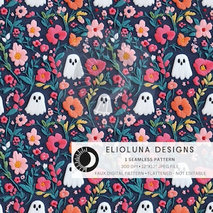 Floral Ghost Seamless Pattern Halloween Ghost Digital Paper Floral Halloween Pattern Digital Scrapbook Paper Fabric Sublimation Digital File