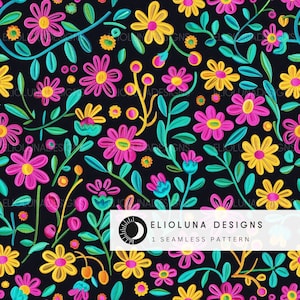 Neon Floral Faux Embroidery Bright Floral Seamless Pattern Seamless File Fabric Sublimation Download Digital Paper Scrapbook Digital Art