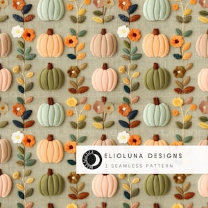 Fall Pumpkins Faux Embroidery Seamless Pattern 3D Pumpkins Digital Paper Fall Pattern Digital Scrapbook Paper Fall Digital Paper Wallpaper
