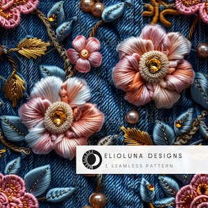 Floral Denim Pattern Digital Paper Embroidered Floral Pattern Seamless Digital Download Printable Denim Seamless Fabric Denim Print Floral