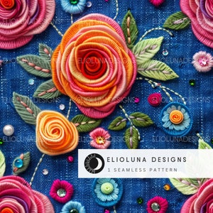 Floral Denim Pattern Digital Paper Embroidered Floral Pattern Seamless Digital Download Printable Summer Seamless Fabric Denim Print Floral