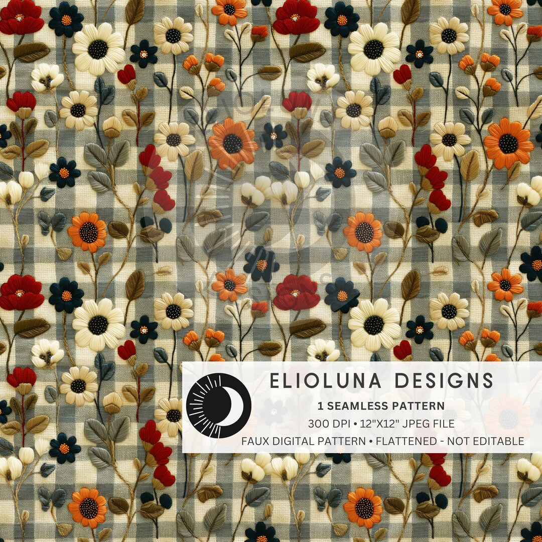 Fall Floral Pattern Digital Paper 3D Faux Embroidery Fall Floral Plaid ...