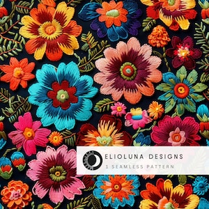 Mexican Faux Embroidery Flowers Seamless Pattern Floral Digital Paper Mexican Florals Seamless Pattern Mexican Folk Art Scrapbook Papers