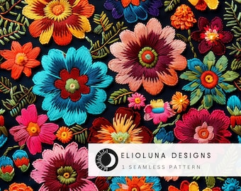 May include: A seamless pattern featuring colorful embroidered flowers on a dark blue background. The flowers are in various shades of red, orange, yellow, green, blue, and pink. The pattern is perfect for fabric, wallpaper, or other craft projects.
