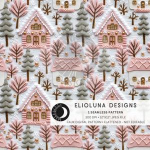 Christmas Village Seamless Pattern 3D Faux Embroidery Fabric Sublimation Digital Paper Seamless Paper Felted Village Christmas Digital File