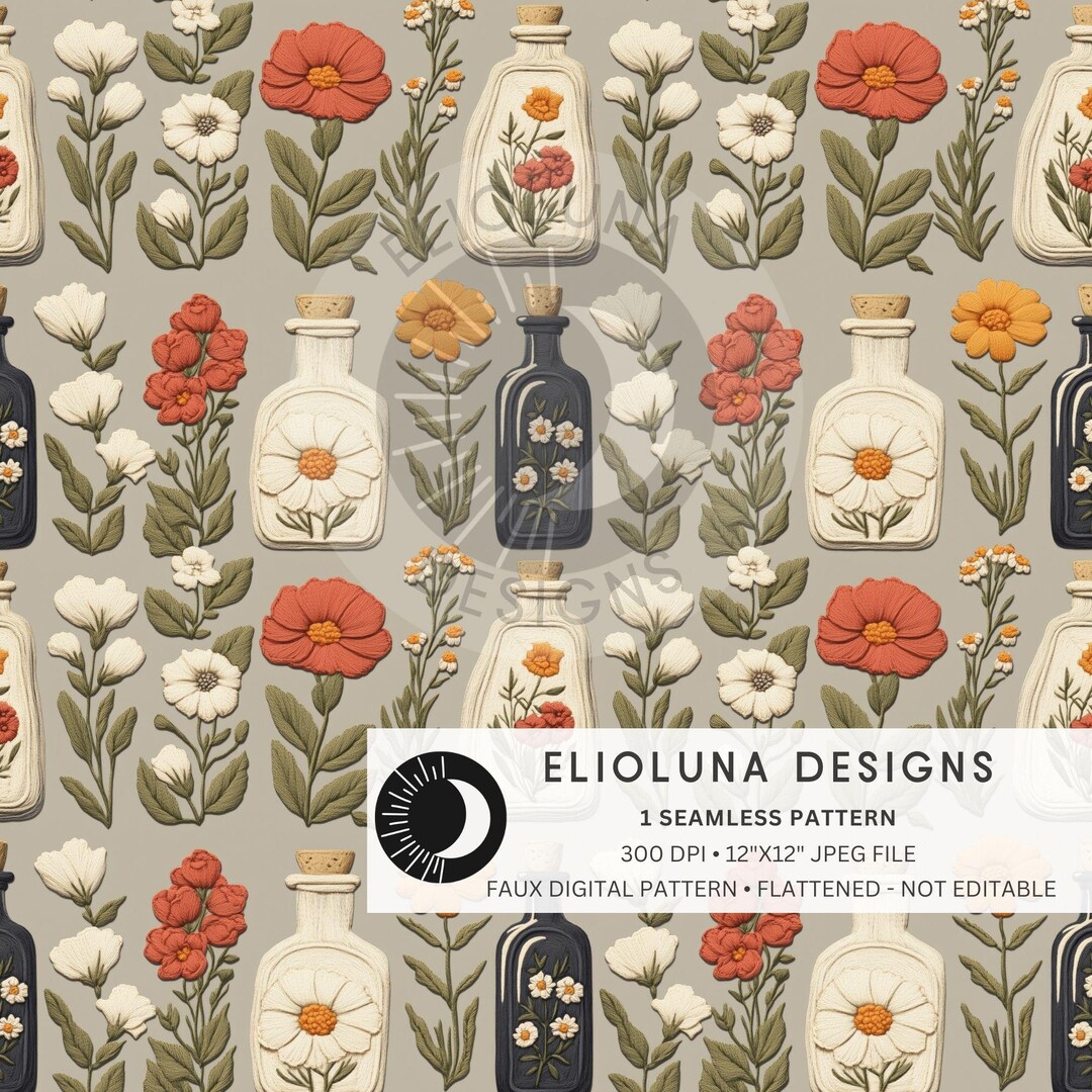 Floral Jars Seamless Faux Embroidery Floral Pattern Floral Digital ...