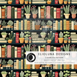 Cacti Plant Bookshelf Seamless Pattern Faux Embroidery Book Pattern for Fabric Sublimation Digital File Journal Surface Design Wallpaper