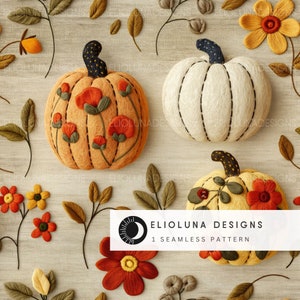 Fall Pumpkins Faux Embroidery Seamless Pattern 3D Pumpkins Digital Paper Fall Pattern Digital Scrapbook Paper Fall Digital Paper Wallpaper