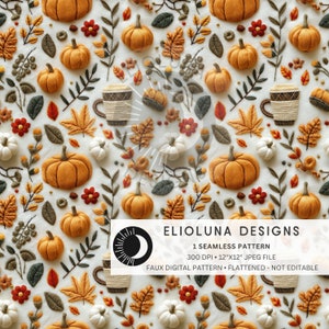 Autumn Seamless Pattern Faux Embroidery Fall Pumpkins Digital Paper Fall Pattern Digital Scrapbook Paper Fall Fabric Sublimation Pattern