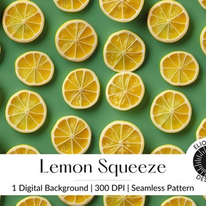 Könnte beinhalten: Nahtloses Muster digitaler Hintergrund mit einem sich wiederholenden Muster aus gelben Zitronenscheiben auf grünem Hintergrund.  Lemon Squeeze.