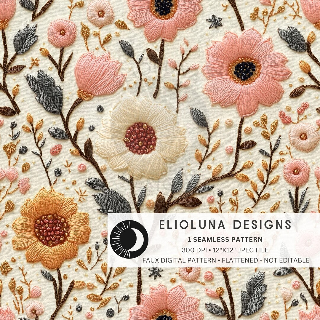 Boho Florals Faux Embroidery Seamless Pattern 3D Floral Digital Paper ...