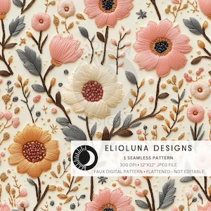 Boho Florals Faux Embroidery Seamless Pattern 3D Floral Digital Paper Floral Pattern Digital Scrapbook Paper Fall Digital Paper Wallpaper