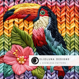 Toucan Pattern Digital Paper Tropical Knitted Toucan Pattern Seamless Digital Download 3D Printable Art Seamless Fabric Print Bird Wallpaper