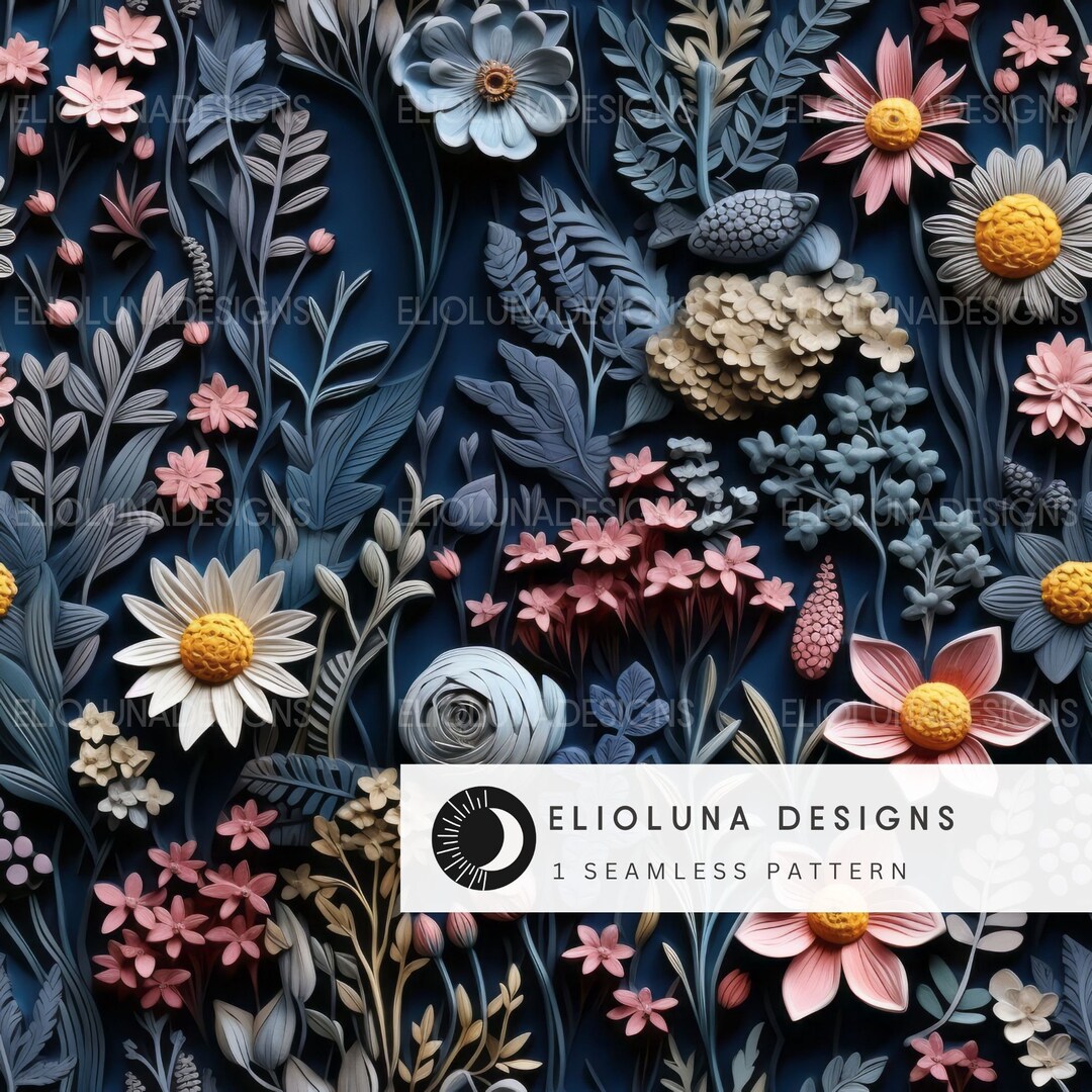 Floral Pattern Digital Paper 3D Dark Floral Pattern Seamless Digital 3D ...