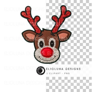 Glitter Rudolph Clipart Christmas Reindeer PNG Sequin Glitter Rudolph Sublimation Cute Reindeer Shirt Design PNG Faux Embroidery Reindeer