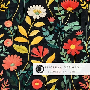 Wildflower Faux Embroidery Bright Floral Seamless Pattern Seamless File Fabric Sublimation Download Digital Paper Scrapbook Digital Art
