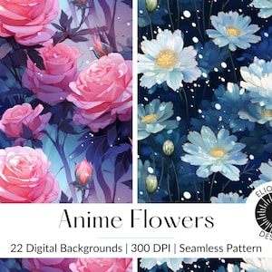 Anime Flowers Digital Paper Anime Floral Seamless Pattern Flowers Digital Art Japanese Aesthetic Digital Download Kawaii Scrapbook Manga