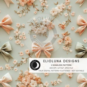 Floral Coquette Bows Seamless Pattern Floral Bow Pattern 3D Faux Pattern  Sublimation Printable Seamless Digital Fabric Print File Wallpaper