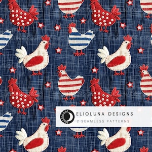May include: A seamless pattern featuring red, white and blue chickens on a dark blue background. The chickens are embroidered with stars and stripes, polka dots and a striped pattern. The pattern is perfect for fabric, wallpaper or other creative projects.
