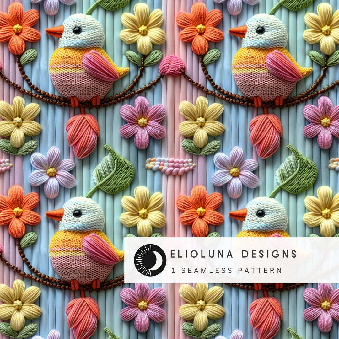 Bird Pattern Digital Paper Cute Knitted Bird Pattern Seamless Digital ...