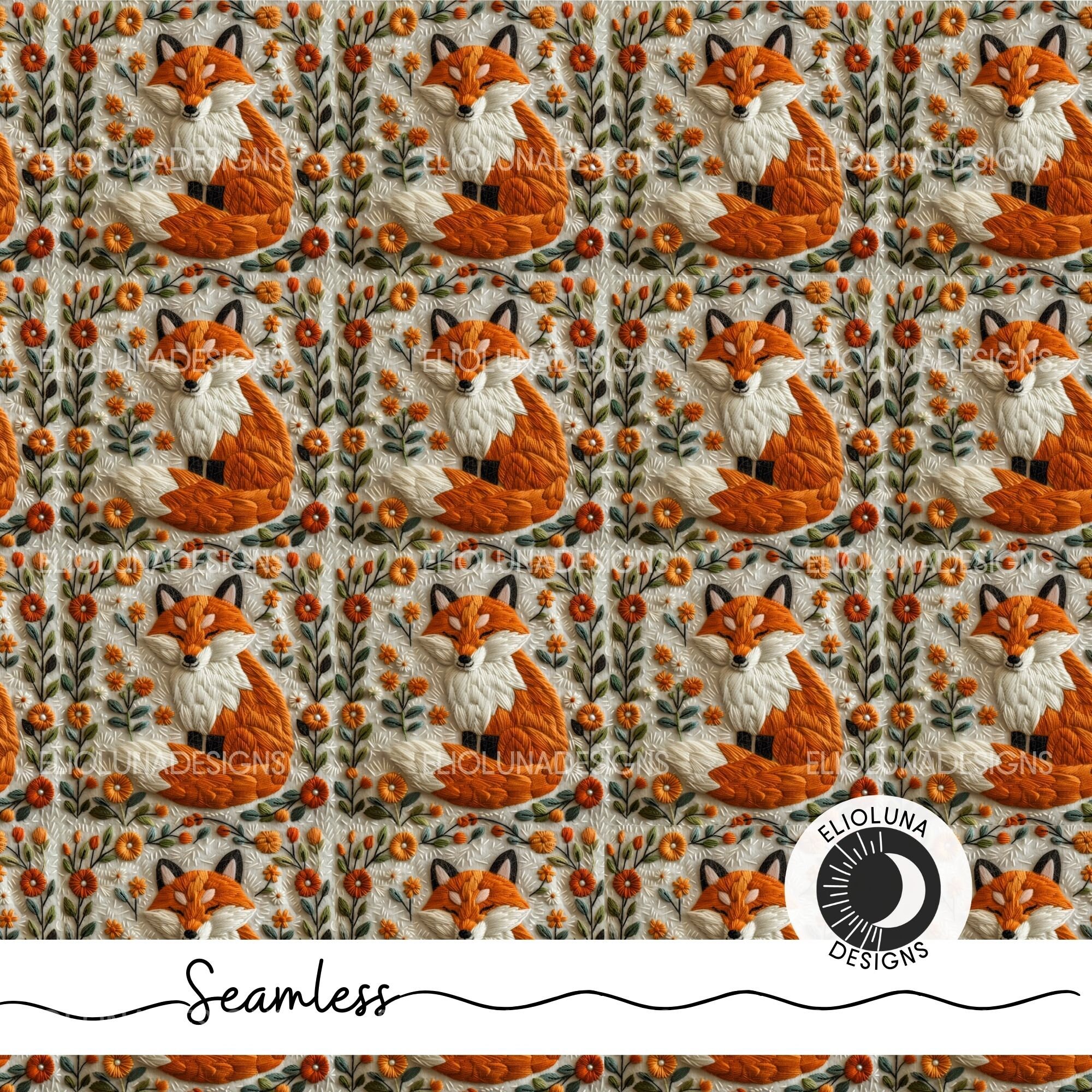 Fox Floral Pattern Digital Paper Embroidered Cute Fox Pattern Seamless ...
