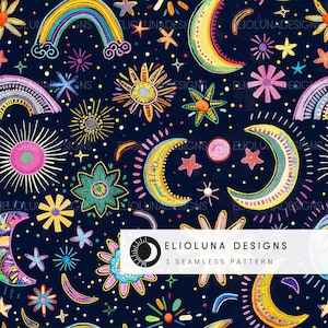 Celestial Floral Moon Pattern Celestial Seamless Moon Digital Paper Celestial Moon Sublimation File Celestial Rainbow Digital Paper File