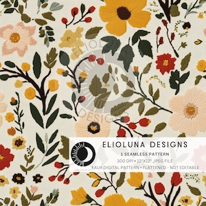 Boho Fall Florals Faux Embroidery Seamless Pattern 3D Floral Digital Paper Fall Pattern Digital Scrapbook Paper Fall Digital Paper Wallpaper