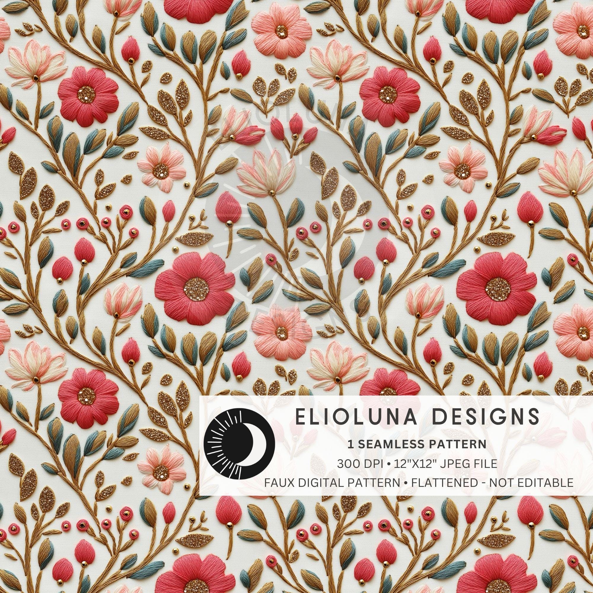 Boho Florals Faux Embroidery Seamless Pattern 3D Floral Digital Paper ...
