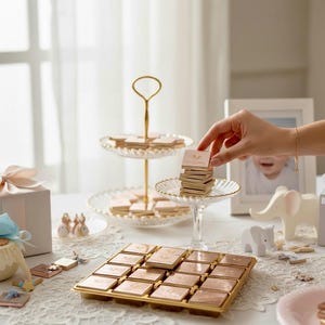 Peut inclure: Petits chocolats carrés de couleur rose clair avec un logo, disposés sur un présentoir à étages et dans un plateau doré. Une main empile les chocolats. Éléments décoratifs : figurine d'éléphant blanc et photo encadrée.