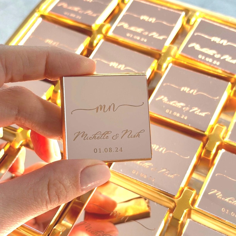 50 Personalized Wedding Chocolate Favors – Custom Engraved Names & Date – Milk Chocolate Gift for Guests image 1