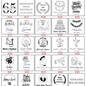 May include: A range of Plexiglass designs featuring text and graphics for different occasions. Designs include birthday celebrations, baptisms, baby showers, and anniversaries. Each design is numbered.