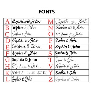 May include: A display of different font styles, each presenting the names "Sophia & John." The word "FONTS" is at the top. The fonts vary in style, from elegant scripts to bold sans-serifs, offering a range of design options.
