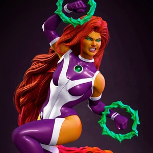 May include: A purple and white superhero costume with a red and orange hair and tail. The figure is holding two green rings in each hand.