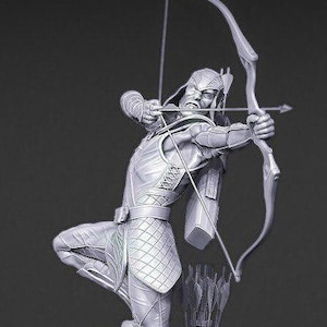 May include: A gray figurine of a superhero archer standing on a wave-shaped base. The archer is holding a bow and arrow, and has a quiver of arrows on their back.