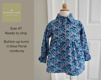 Blue floral corduroy tunic top or dress with collar - Size 4T (Ready to Ship)