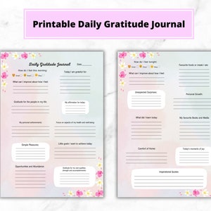 Op de afbeelding: Printbare dagelijkse dankbaarheidsdagboek met een bloemenontwerp. Het dagboek bevat secties voor dagelijkse reflecties, waaronder dankbaarheid voor de mensen in je leven, persoonlijke prestaties, eenvoudige genoegens en kansen en overvloed. Het bevat ook secties voor onverwachte verrassingen, persoonlijke groei, wat je vandaag hebt geleerd, je favoriete boeken en media, het comfort van thuis en de momenten van vreugde van vandaag.