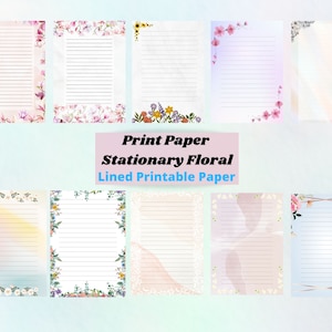 Op de afbeelding: Printbaar, gestreept papier met bloemmotieven. Het papier heeft een verscheidenheid aan achtergronden, waaronder wit, roze en blauw. De tekst "Print Paper Stationary Floral Lined Printable Paper" staat in het midden van de afbeelding.