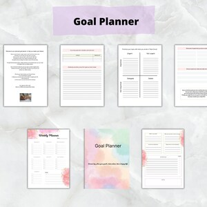 Op de afbeelding: Een printbare doelplanner met een aquarel achtergrond. De planner bevat secties voor wekelijkse planning, doelstelling en een "Hoe dingen gedaan te krijgen" sectie met een tabel om taken te prioriteren.